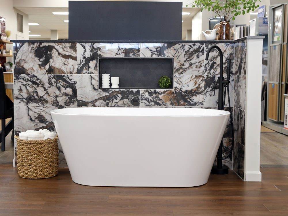  bathtub with custom tile surround in bath showroom in Denver, PA